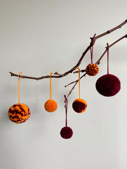 Wool Baubles Maroon & Orange