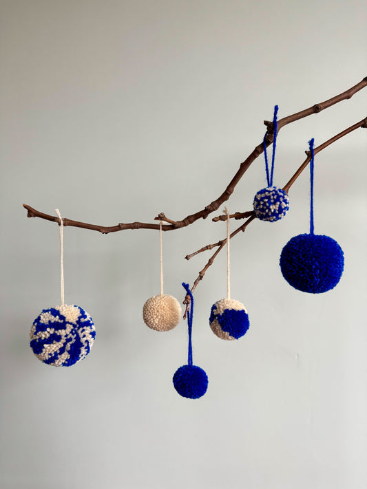 Wool Baubles Royal Blue & Cream